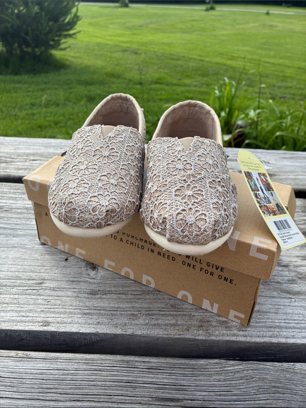 Toms Kids Rose Gold Crochet Glitter Slip-Ons
